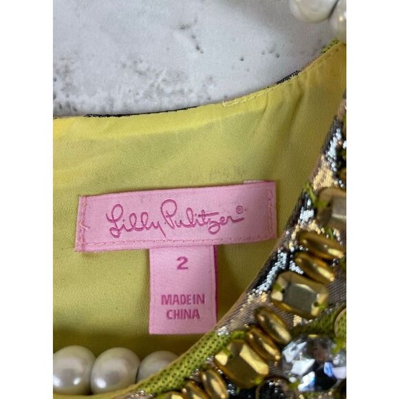 LILLY PULITZER METALLIC GREEN PEARL DRESS VINTAGE BROCADE Size 2 Holiday NEW - Picture 6 of 10
